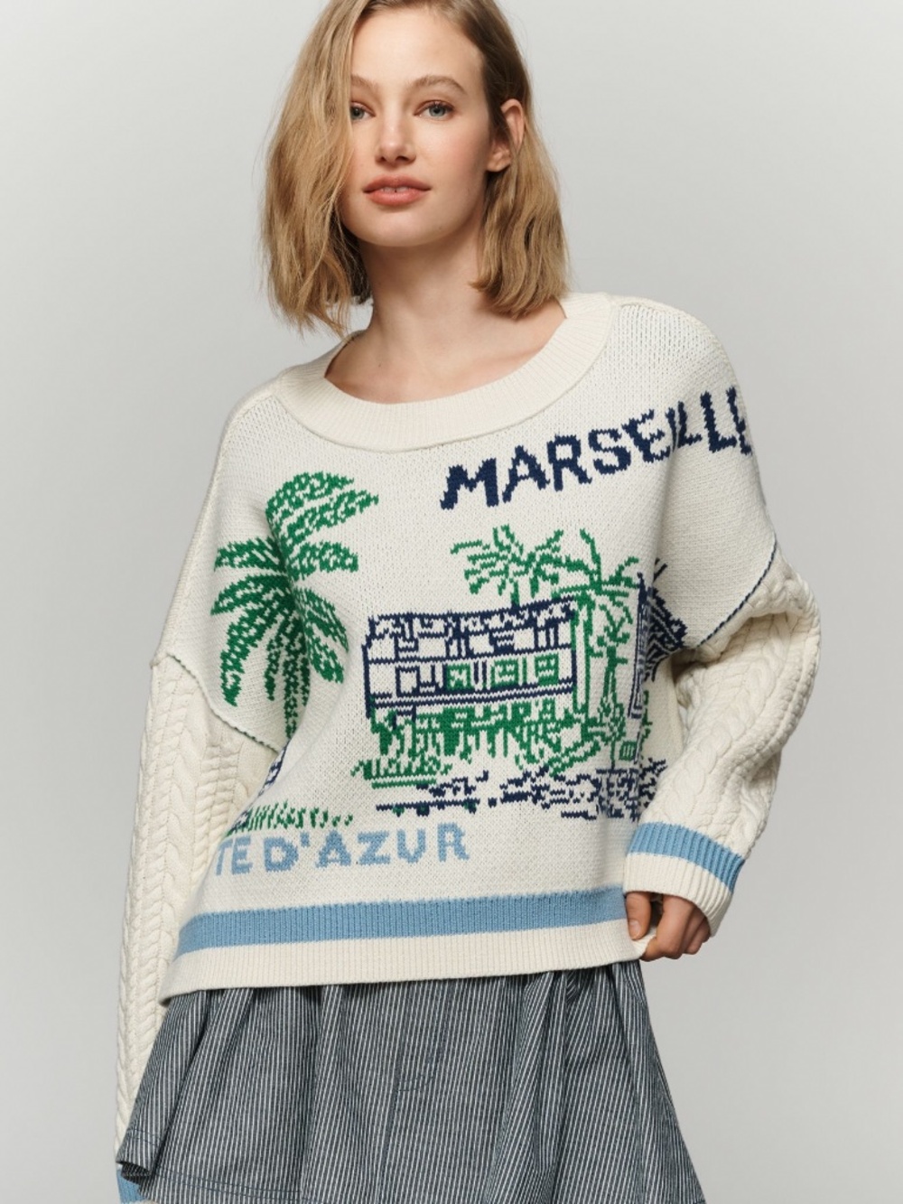 NWT Maeve Anthropologie Cable Knit Marseille France Palm Tree Sweater Pullover M